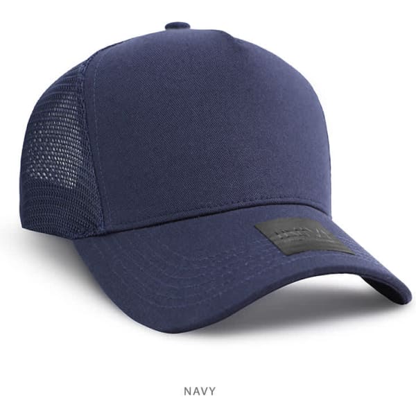 A navy cap made of cotton and mesh featuring a logo on the front.