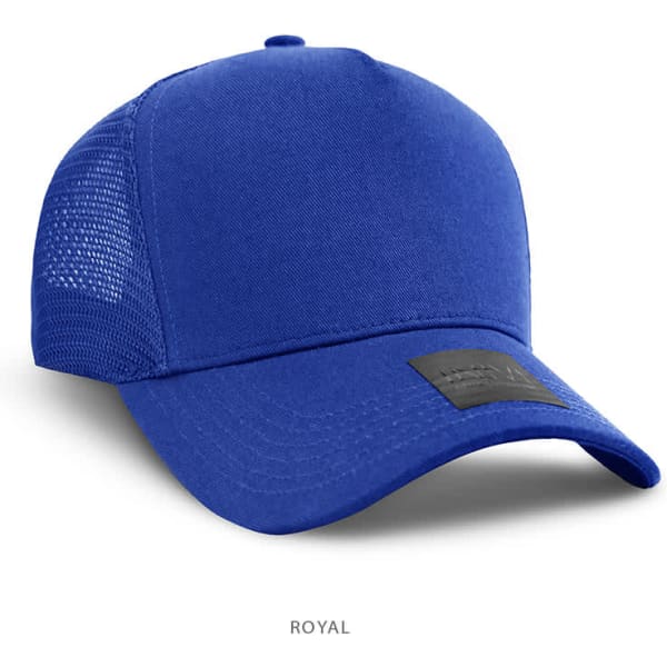 A royal blue cap with a mesh back and a logo on the front.