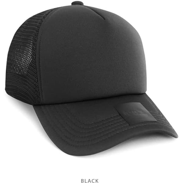 A black trucker cap made of polyester and mesh, featuring a smooth front panel and a branded label.