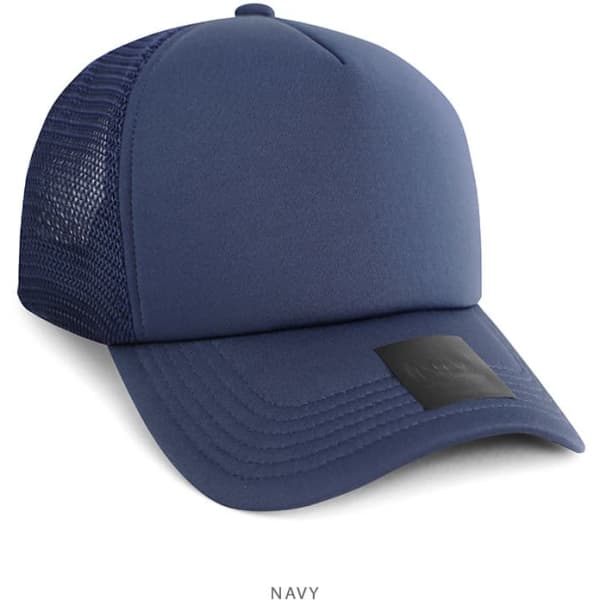 A navy trucker cap featuring a solid front and mesh panels at the back, with a logo on the front.