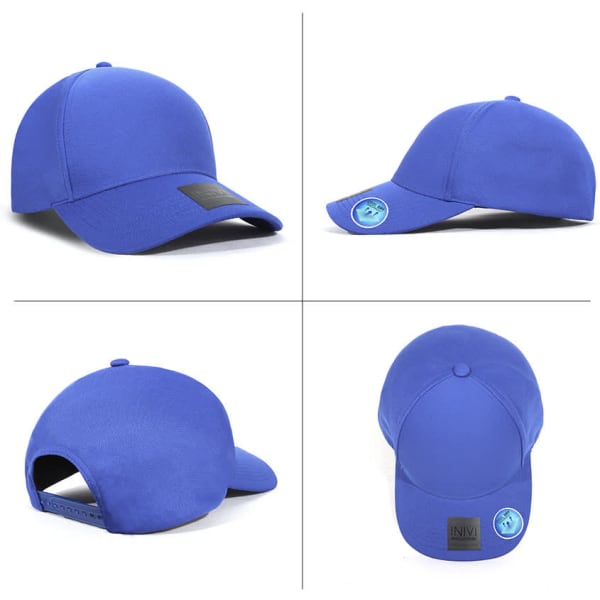 A blue cap made of 100% polyester, featuring a logo and a structured design with a curved brim.