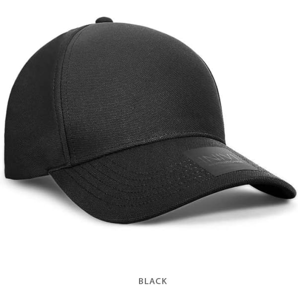 A black cap made from 100% polyester (Cool Dry) with a textured finish and a logo.