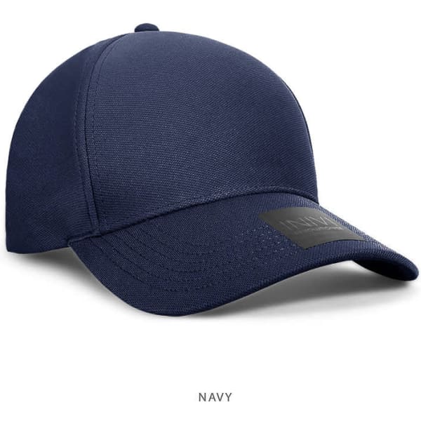 A navy cap made of 100% polyester with a branded patch on the front.
