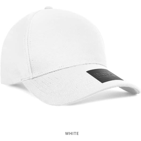 A white cap made from 100% polyester with a branding logo on the front.