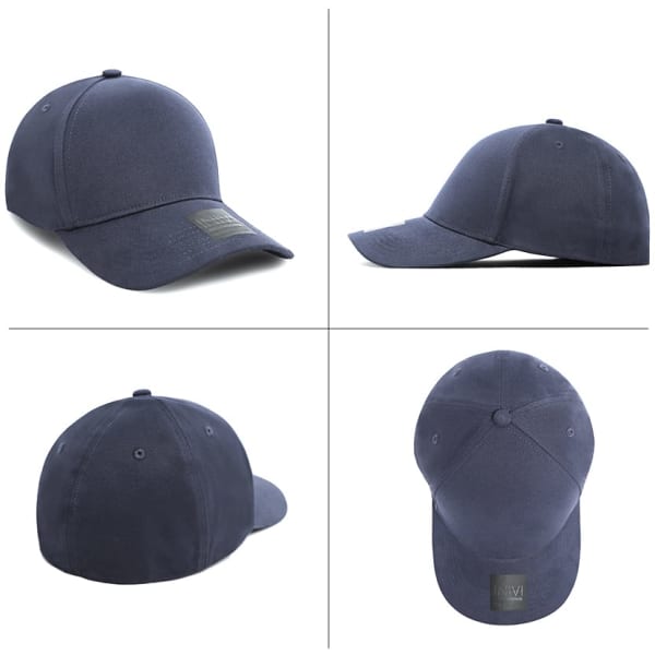 A navy cotton/spandex cap with a structured design and a logo on the side, viewed from multiple angles.