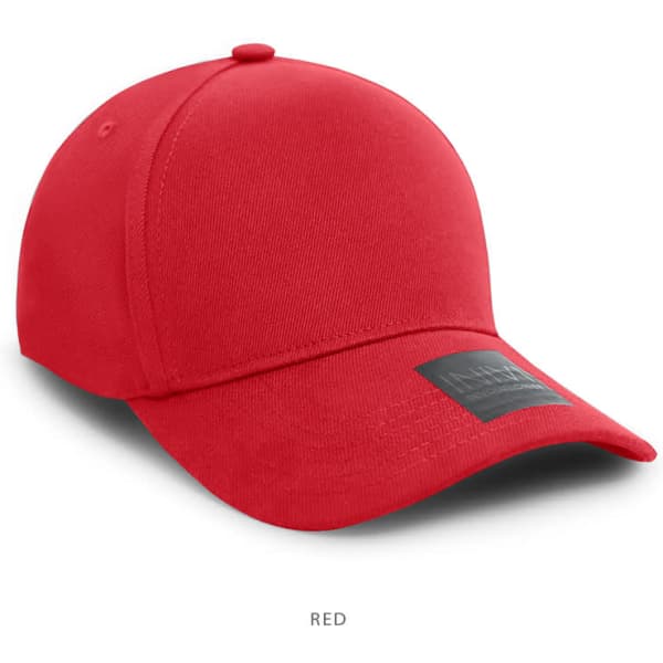 A red cotton and spandex cap with a rounded brim and a logo on the front.