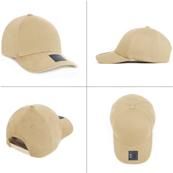 A tan Cotton/Spandex cap features a curved brim and has a logo on the back. Multiple angles are displayed.