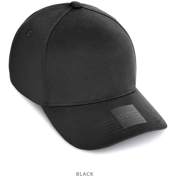 A black cap made of cotton and spandex, featuring a structured design and a logo on the front.