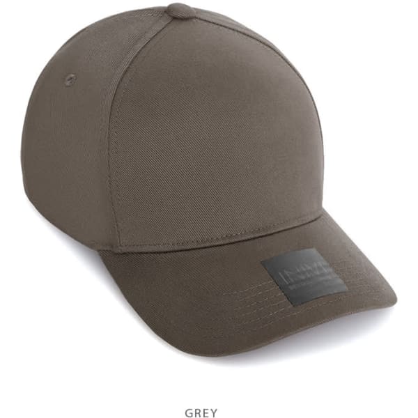 A grey Cotton/Spandex cap with a rounded brim and a branded patch on the front.