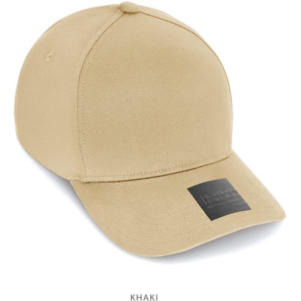 A khaki cotton and spandex cap featuring a logo, perfect for headwear styling.