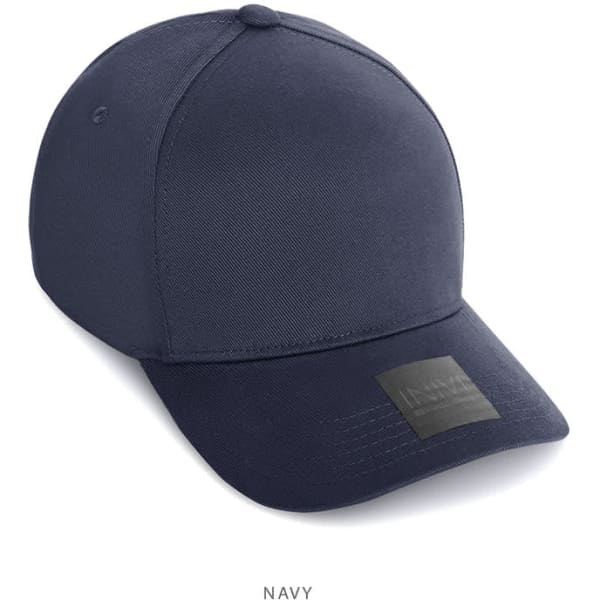 A navy cap made from cotton and spandex, featuring a brand logo on the front.