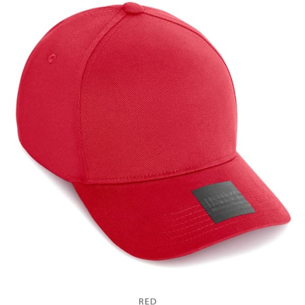 A red cap made of cotton and spandex, featuring a logo on the front.