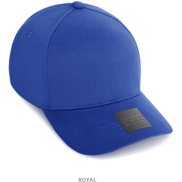 A blue cotton and spandex cap featuring a branded label on the front.