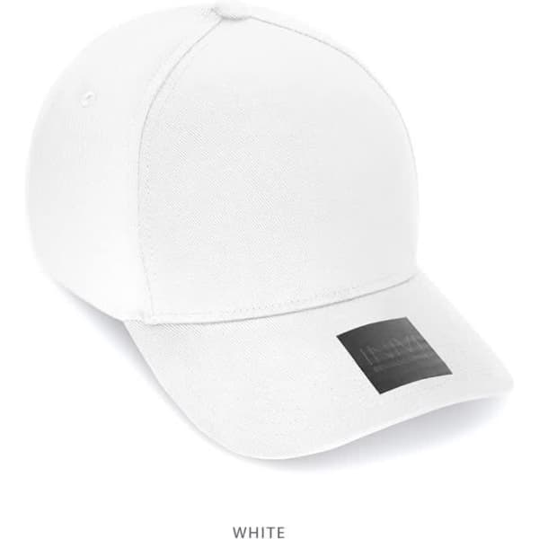 A white cotton/spandex cap with a branded label on the front.