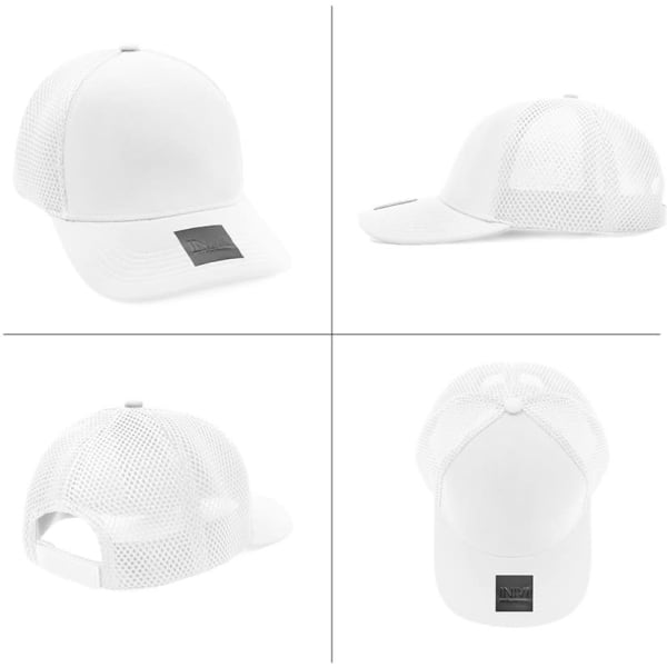 A white polyester and mesh cap featuring a logo, shown from multiple angles.