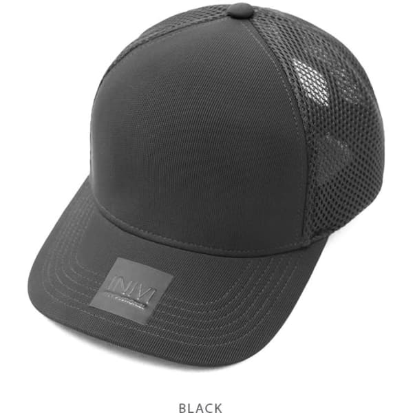 A black polyester/mesh cap featuring a logo and a structured design with a mesh back.