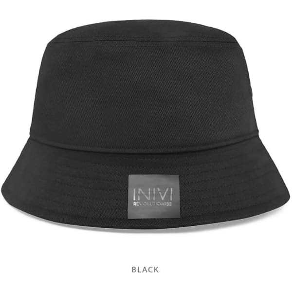 A black bucket hat made from cotton and spandex, featuring a logo on the front.