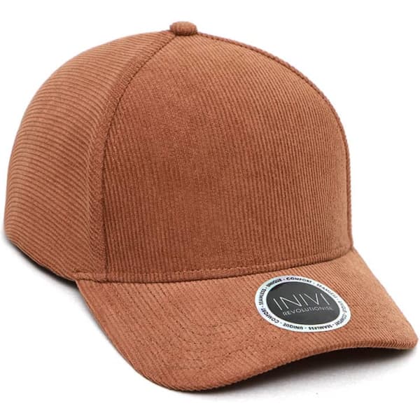 A brown cord cap with a curved brim and a circular logo on the front.