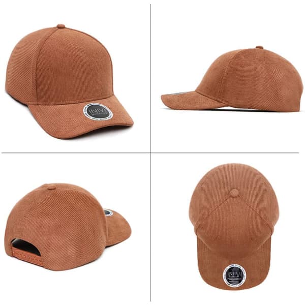 A brown cord cap featuring a round logo, displayed from multiple angles.