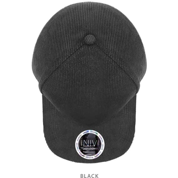 A black cap featuring a curved brim and a logo on the front, made from 100% cotton cord material.
