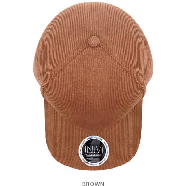 A brown cord cap with a rounded top and a branded logo on the front.