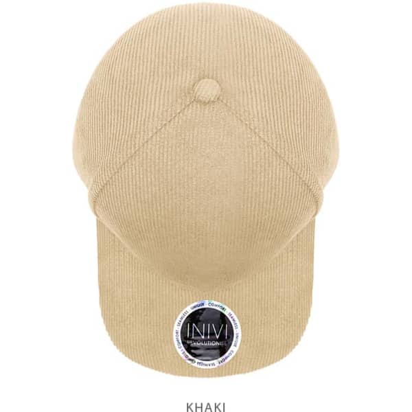A khaki cap made of 100% cotton cord, featuring a round logo on the front.