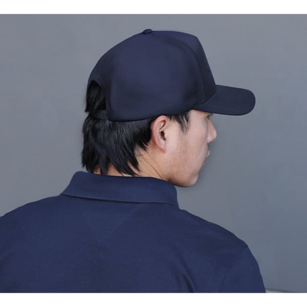 A navy blue cap is depicted, featuring a rear view of a person wearing it. The cap has a branding logo.