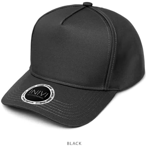 A black poloycotton cap with a structured design and a circular logo on the front.