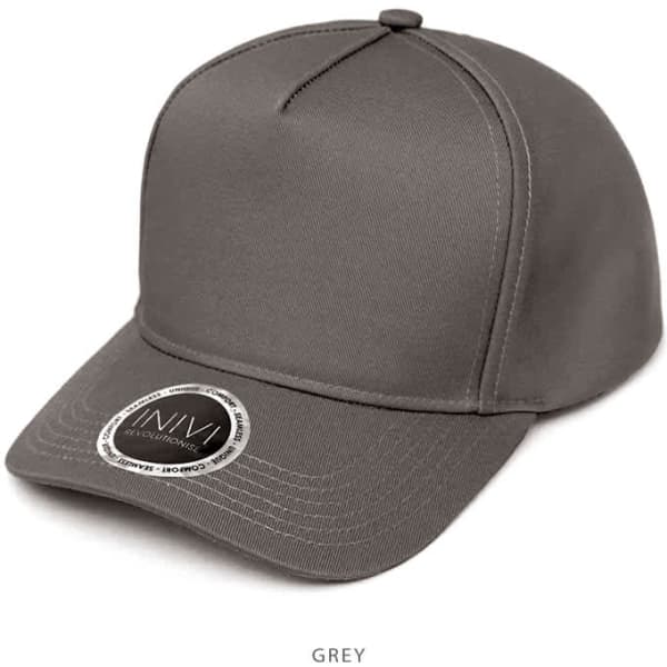 A grey cap with a curved brim and a logo on the front. Made from polycotton material.