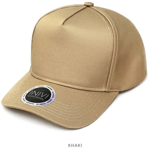 A khaki cap with a structured design and a circular logo on the front.