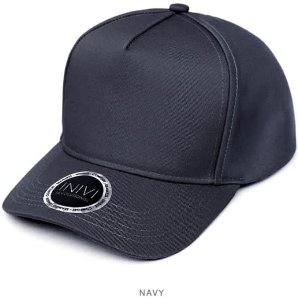 A navy cap made from polycotton, featuring a curved brim and a logo on the front.