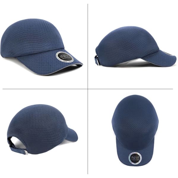 A blue cap made from 100% polyester, featuring a circular logo on the front and various angles displayed.