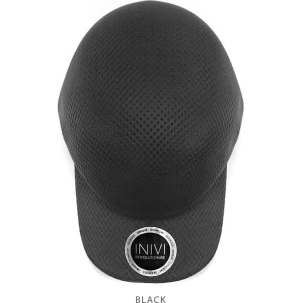 A black cap made from 100% polyester with a circular logo at the front.