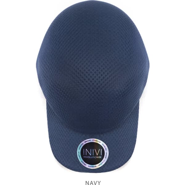 A navy cap made of 100% polyester featuring a circular logo on the front.