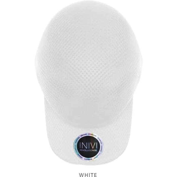 A white cap made of 100% polyester featuring a round logo on the front.