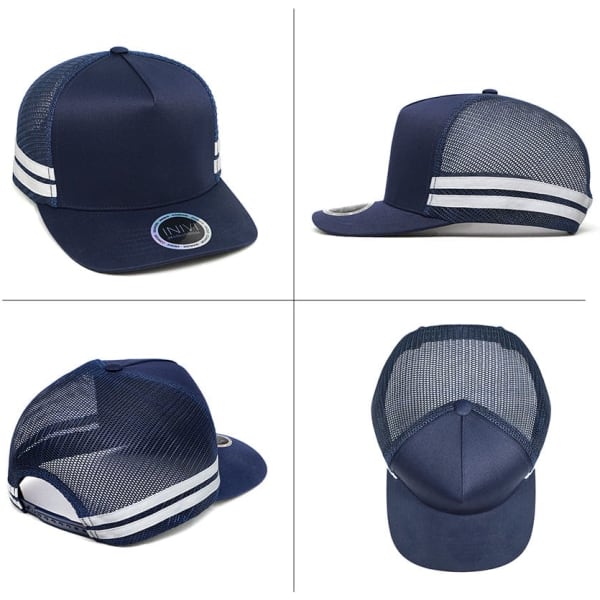 A navy blue trucker cap with mesh sides and a logo. Features two white stripes on the front panel.