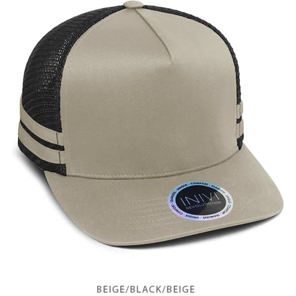 A beige and black trucker cap featuring a mesh back and a circular logo on the side.
