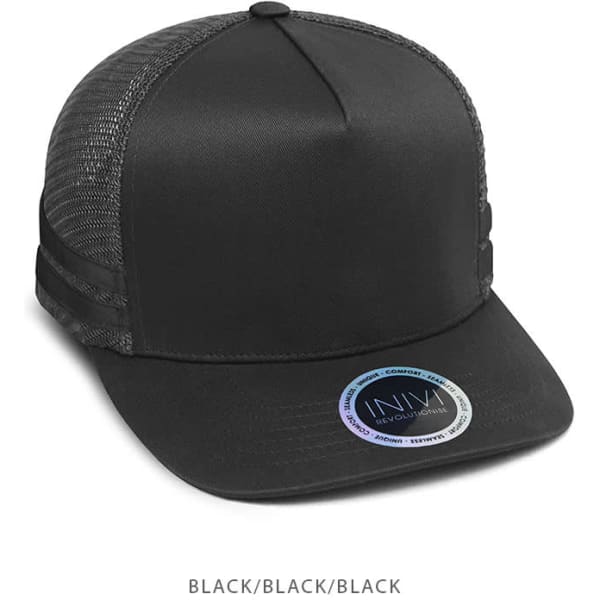A black trucker cap with a solid front and mesh back, featuring a logo on the side.