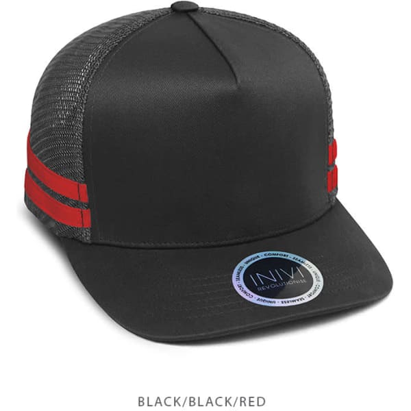 A trucker cap featuring a black front, grey mesh sides, and red stripes. It includes a logo on the front.