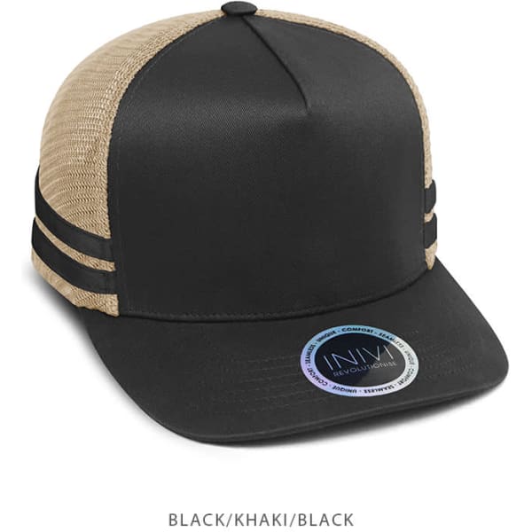 A black and khaki trucker cap with a mesh back and two black stripes across the front. Features a logo.