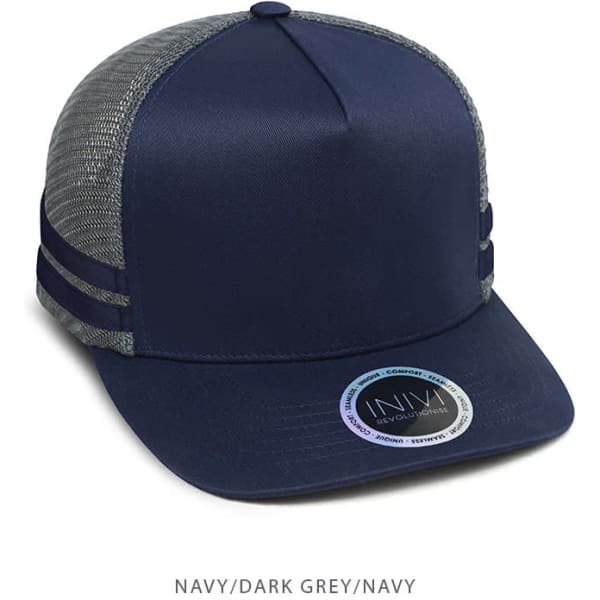A navy trucker cap with dark grey mesh sides and a circular logo on the front.