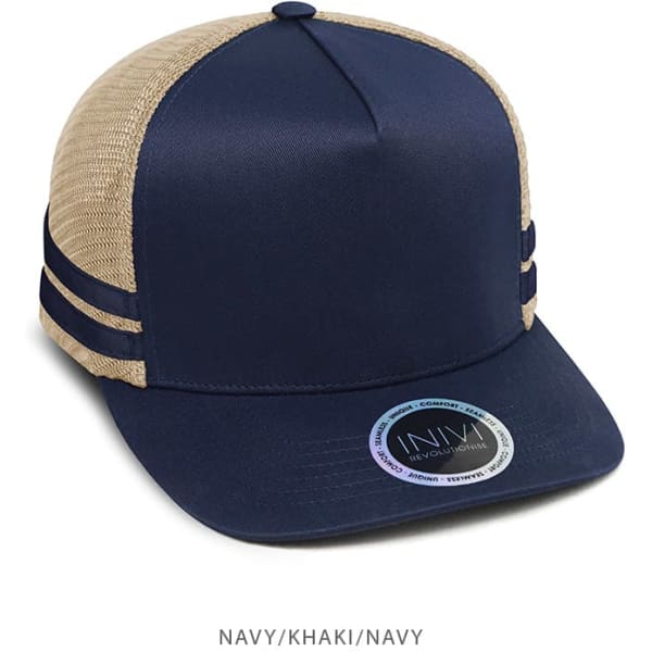 A navy and khaki trucker cap with mesh sides and a curved peak, featuring a logo.