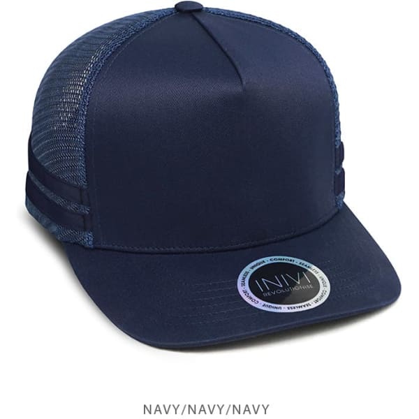 A navy trucker cap made from polycotton and mesh, featuring a logo on the front.