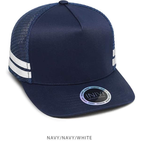 A navy trucker cap with mesh sides, featuring white stripes and a branded logo on the front.