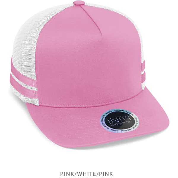 A pink trucker cap with white mesh panels and a logo on the front.