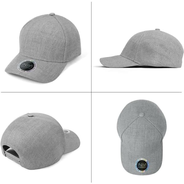 A grey cap with a smooth texture, featuring a logo on the front and a snapback closure at the back.
