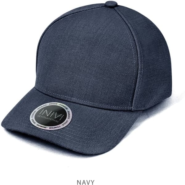 A navy cap with a structured design and a logo on the side, featuring a smooth fabric texture.