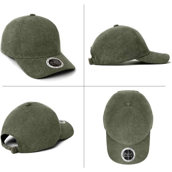 An olive green unstructured cap featuring a round logo, displayed from multiple angles.