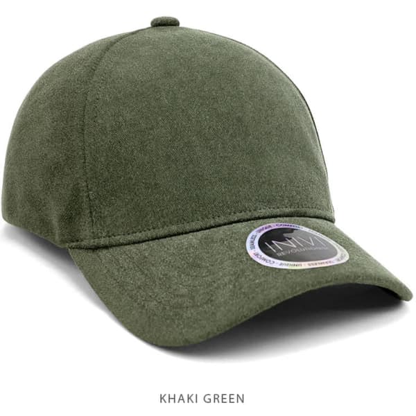 A khaki green unstructured cap with a curved brim and a logo on the front.