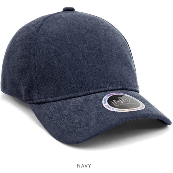 A navy enzyme washed unstructured cap with a rounded brim and a logo on the side.